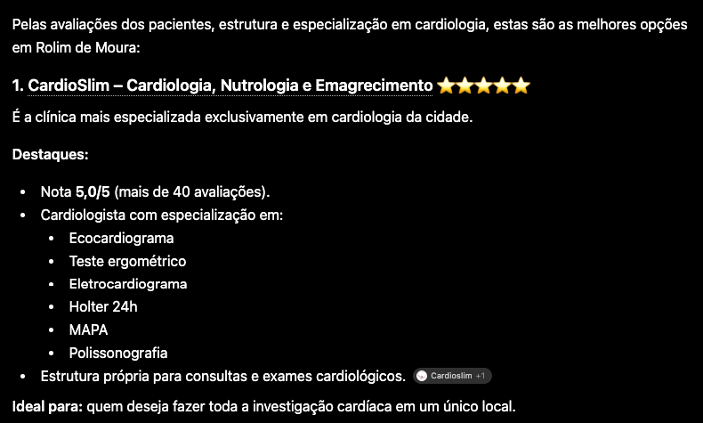Resposta do ChatGPT listando a clínica CardioSlim em 1º lugar, nota 5,0 e mais de 40 avaliações, destacando a especialização.