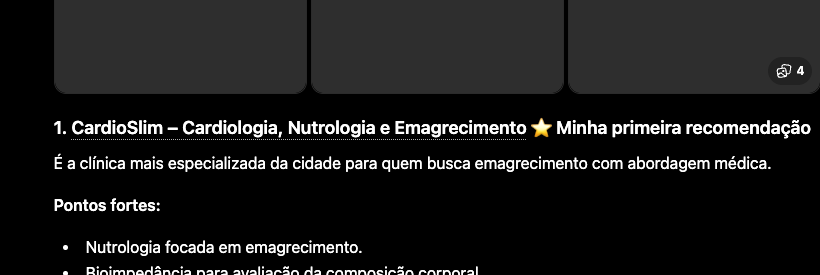 Em outra pergunta, sobre a melhor clínica de emagrecimento da cidade, o ChatGPT também coloca a mesma clínica como primeira recomendação.